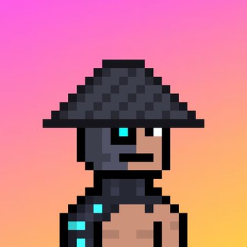 A pixel art character resembling a pirate with a black wide-brimmed hat, eyepatch, and glowing cyan accents, set against a pink and orange gradient background.