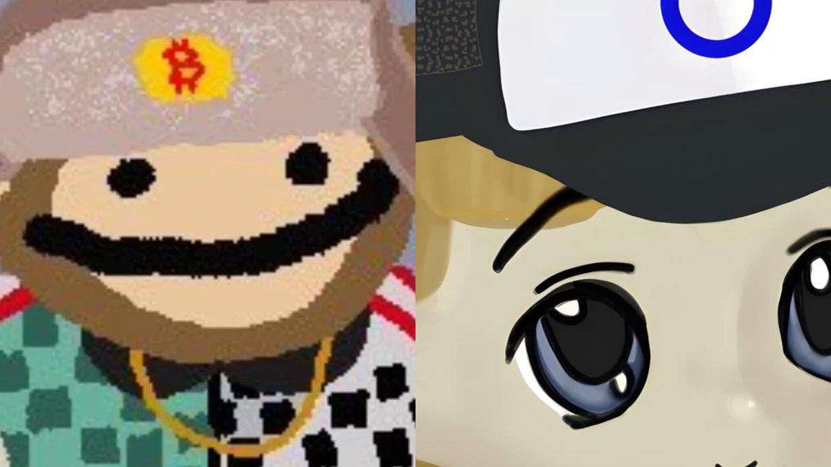 The image features two cartoon faces side by side with different hats on them. The face on the left has a hat that says "R", while the one on the right wears a hat with an "O". Both faces are wearing a tie, adding to their unique appearances. The background of the image is gray, providing a neutral backdrop for the colorful cartoon characters and their accessories.