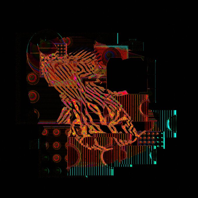 An abstract digital artwork featuring vibrant orange and red tiger-stripe-like patterns overlaid on geometric shapes and grid lines against a black background.