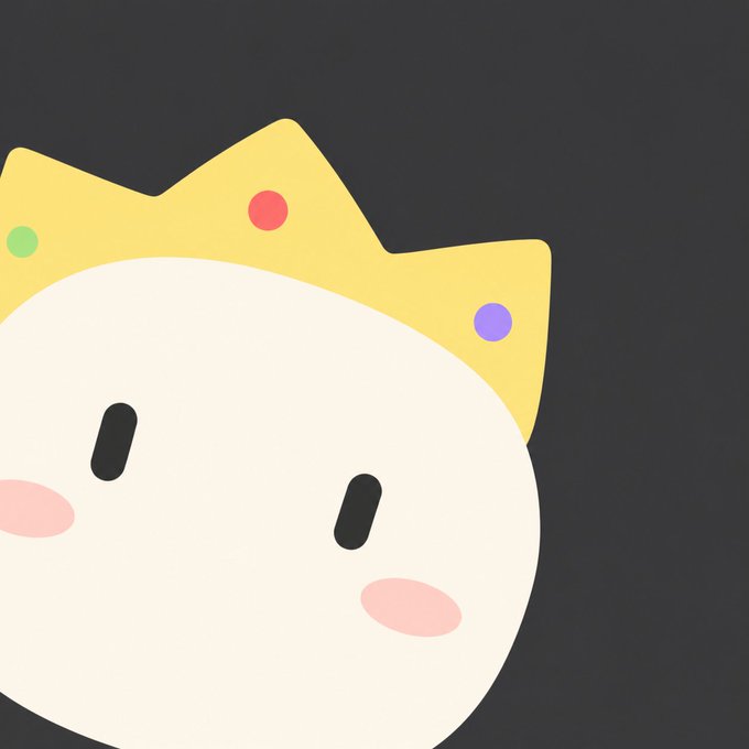 A simple cartoon illustration shows a round white character with small black eyes, pink blush cheeks, and a yellow crown decorated with colorful dots against a dark background.