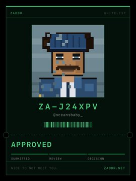 A digital pixel art character card showing a figure in a blue cap with the code "ZA-J24XPV" and the handle "@oceansbaby_," labeled as "APPROVED" by ZADDR WHITELIST.