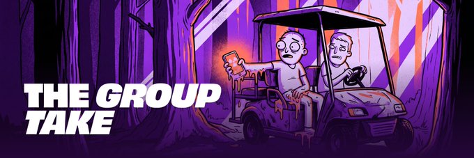 A stylized graphic titled "THE GROUP TAKE" depicting two cartoon characters in a blood-splattered golf cart, with one holding a glowing phone in a purple forest.