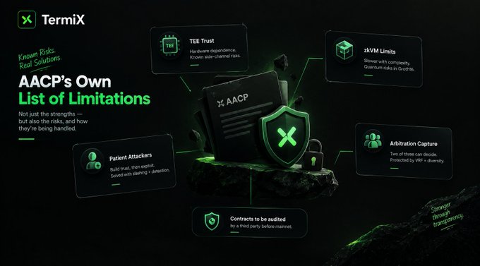 A dark green tech-themed infographic for 'TermiX' displaying 'AACP's Own List of Limitations' with bullet points including TEE Trust, zKVM Limits, Patient Attackers, Arbitration Capture, and Contracts to be audited.