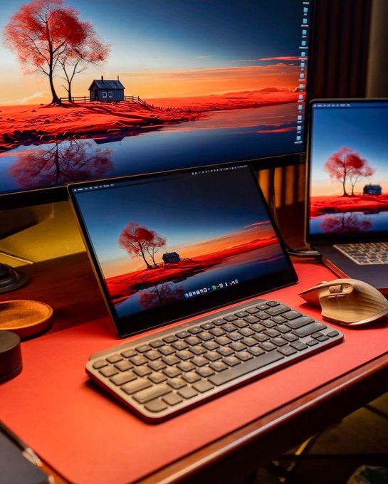 A desk setup featuring multiple monitors and a laptop all displaying the same red-toned landscape wallpaper of a red tree and cabin at sunset.