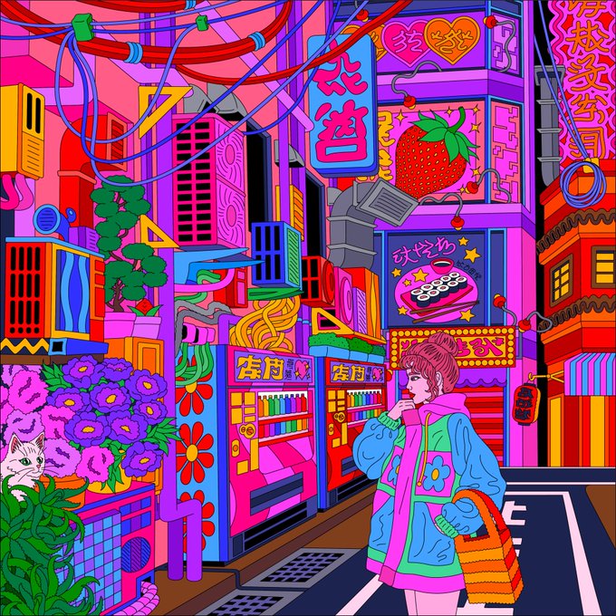 A vibrant, colorful illustration of a cyberpunk-style Japanese street scene featuring a girl in a pink and blue jacket, neon signs with Japanese characters, flowers, and a white cat.