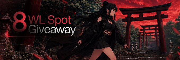 A promotional graphic for an '8 WL Spot Giveaway' featuring an anime-style character with long dark hair in black clothing standing before red torii gates with a red moonlit sky.
