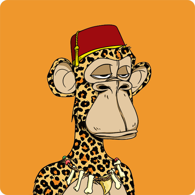 The image features an anthropomorphized cartoon monkey wearing a hat, leopard print clothing, and a necklace with bones as accessories. The monkey appears to be sitting against a yellow background, giving off a bored or disinterested vibe. The caption "it's art it's culture it's a vibe bored ape yacht club" suggests that the image is meant to convey a sense of boredom or disinterest in the monkey's surroundings, possibly related to its depiction as an animated character rather than a real-life animal.

The monkey's attire and accessories are reminiscent of a leopard print outfit, which adds to the overall theme of the image. The yellow background further emphasizes the cartoon nature of the scene, creating a visually striking contrast with the monkey's monochrome appearance.