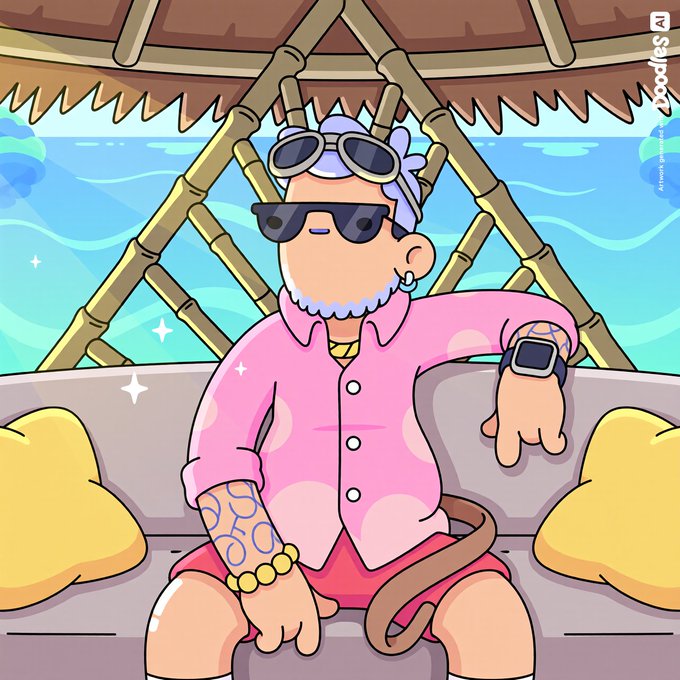 A cartoon NFT character with purple hair, sunglasses, a pink shirt, and a leopard-print tattoo sits on a couch under a thatched roof, marked with the 'Rarible' logo.