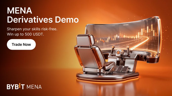 An advertisement for "MENA Derivatives Demo" by BYBIT MENA, showing a futuristic orange and metallic trading seat with the text "Sharpen your skills risk-free. Win up to 500 USDT." and a "Trade Now" button.