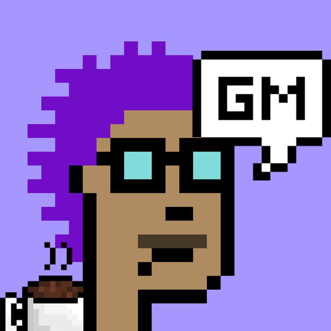 A pixel-art character with vibrant purple hair and cyan-lensed sunglasses holds a steaming mug of coffee while a speech bubble displays "GM" in bold block letters. The image illustrates the casual "Good Morning" greeting trend in crypto communities, fitting the post's @v1punks reference to a vintage pixelated punk-style NFT collection.