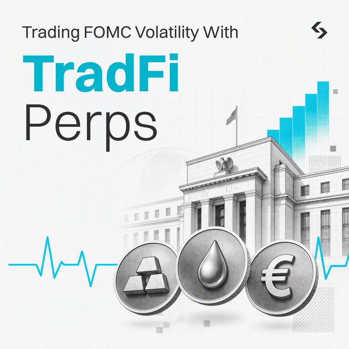 Promotional graphic titled 'Trading FOMC Volatility With TradFi Perps' featuring coins with gold, oil drop, and euro symbols in front of a government building.