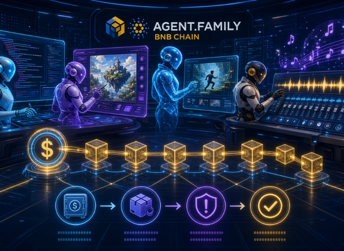 A futuristic digital studio where AI agents collaborate on creative tasks, with the "AGENT.FAMILY BNB CHAIN" logo displayed above and a workflow diagram showing USDC flowing through project delivery to a completed task. The image visually represents the post's description of a studio AI agent subcontracting specialized work to other agents for art, animation, and sound design.