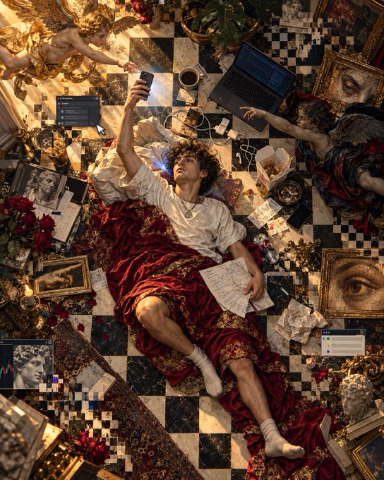 A young man reclining on a checkered floor among classical paintings, gold decor, laptops, and scattered papers, taking a selfie while holding a sheet with writing.
