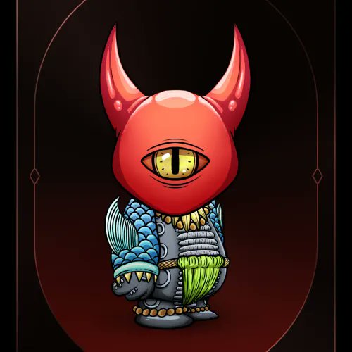 The image features a cartoon character with red horns, wearing a mask that covers its eyes. The character appears to be a small, anthropomorphic creature or a toy figure. It is standing against a dark background, which contrasts with the vibrant colors of the character's outfit and mask. The image also contains text that reads "Koda #8842 bought for 0.73 ETH 0xFEE3...68e6 0x25D0...", suggesting that this character might be an item for sale or a collectible on an online marketplace.