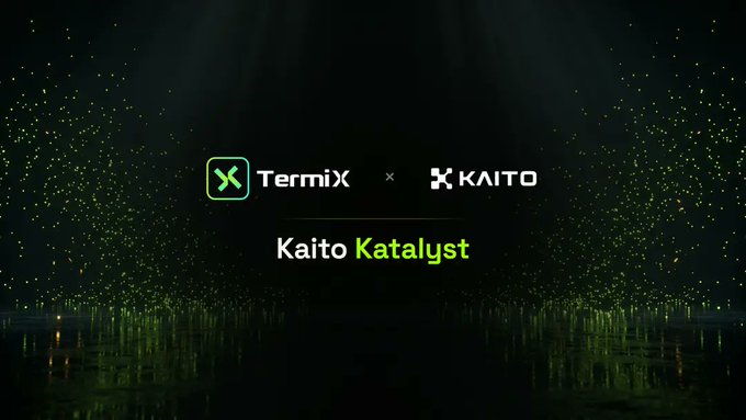 A promotional graphic for 'Kaito Katalyst' collaboration between TermiX and KAITO, set against a dark background with green particle effects.