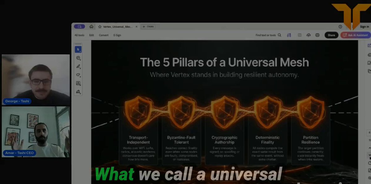 The image shows a man talking into a computer screen during an online meeting or video call. The screen displays a presentation with information about the pillars of a universal mesh, which are used for secure communication. The image also includes text that reads "What we call a universal security layer". This suggests that the image is related to a discussion on the importance and benefits of using such a security layer in online communication.