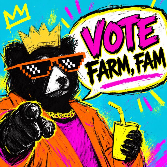A colorful, graffiti-style illustration of a bear wearing pixelated sunglasses, a gold crown, and a gold chain, holding a yellow cup, with a speech bubble reading 'VOTE FARM, FAM'.