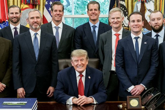 A group of men in suits pose for a photo in the Oval Office with President Donald Trump, who is seated at his desk and smiling broadly. The image appears to be used in a speculative XRP cryptocurrency promotion, with the post leveraging the Trump photo to falsely imply presidential endorsement of the $3.65 price prediction.