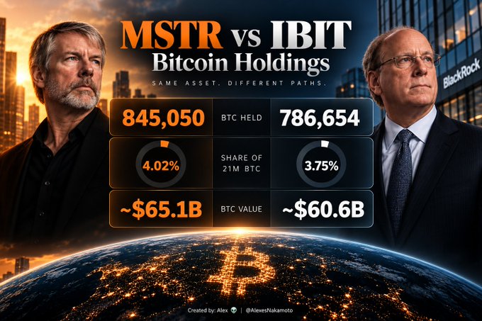An infographic compares MSTR vs IBIT Bitcoin Holdings, showing MSTR holds 845,050 BTC (4.02%, ~$65.1B) and IBIT holds 786,654 BTC (3.75%, ~$60.6B), credited to Alex @AlexesNakamoto.