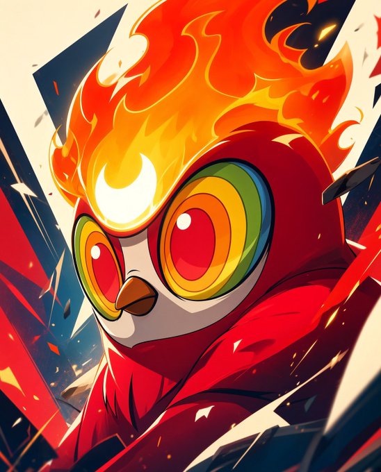 A vibrant cartoon illustration of an owl-like character with large rainbow-colored eyes and a flaming red hood, set against a dynamic geometric background.