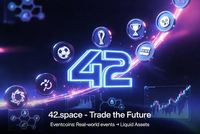 A promotional graphic for '42.space - Trade the Future' featuring a glowing neon '42' surrounded by icons representing sports, news, and events, with the tagline 'Eventcoins: Real-world events → Liquid Assets'.