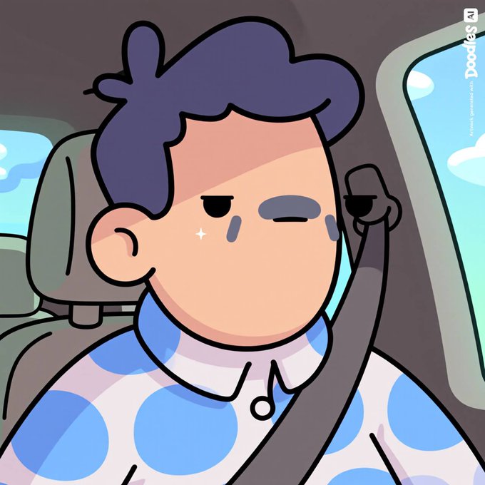 A cartoon character with blue hair winks while adjusting his rearview mirror inside a car, exuding a confident "gm" energy as a small sparkle highlights his face. The "Doodles" logo appears in the top right corner, tying the cheerful morning greeting to the popular NFT collection's playful art style.