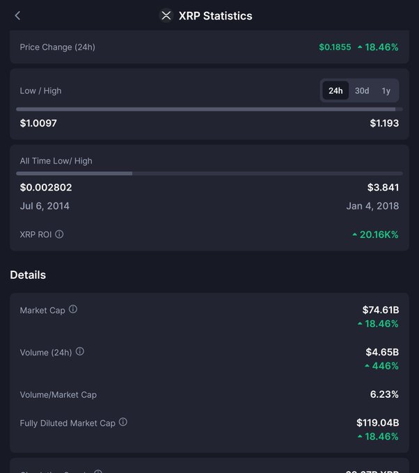 A dark-themed XRP Statistics page shows a 24h price change of $0.1855 (+18.46%), with a low/high of $1.0097/$1.193, all-time high of $3.841, market cap of $74.61B, and 20.16K% ROI.