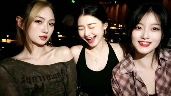 Three young women pose closely together for a casual, candid photo in what appears to be a dimly lit venue, with the woman in the center laughing joyfully with her eyes closed while the others smile warmly at the camera. The image captures the relaxed, friendly gathering vibe described in the post, showcasing a natural, living-moment feel among the group.