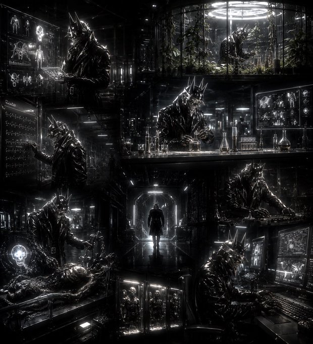 A dark, atmospheric collage depicts a mysterious armored figure or creature in various scenes within a high-tech or laboratory setting, surrounded by equipment, screens, and specimen tanks.