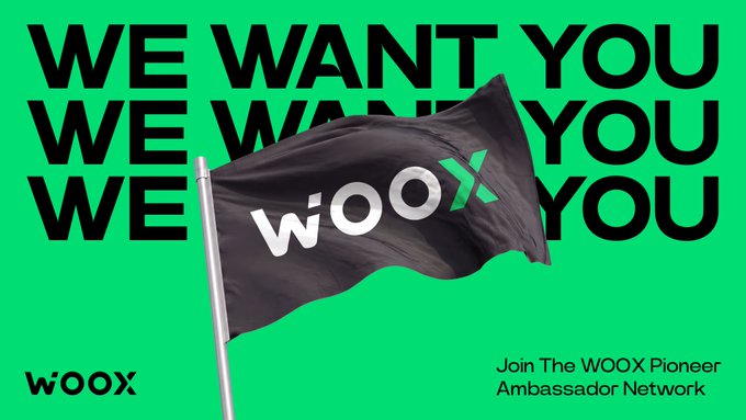 A vibrant green recruitment banner featuring a black WOO X flag boldly proclaims "WE WANT YOU" in large text, with a call to action reading "Join The WOOX Pioneer Ambassador Network" in the corner—directly supporting the post's invitation to apply as an official WOO X Ambassador.