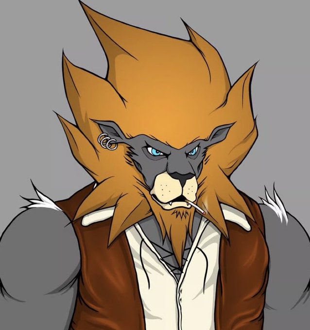 An illustration of an anthropomorphic wolf character with a spiky orange mane, blue eyes, and earrings, wearing a brown vest over a white shirt.