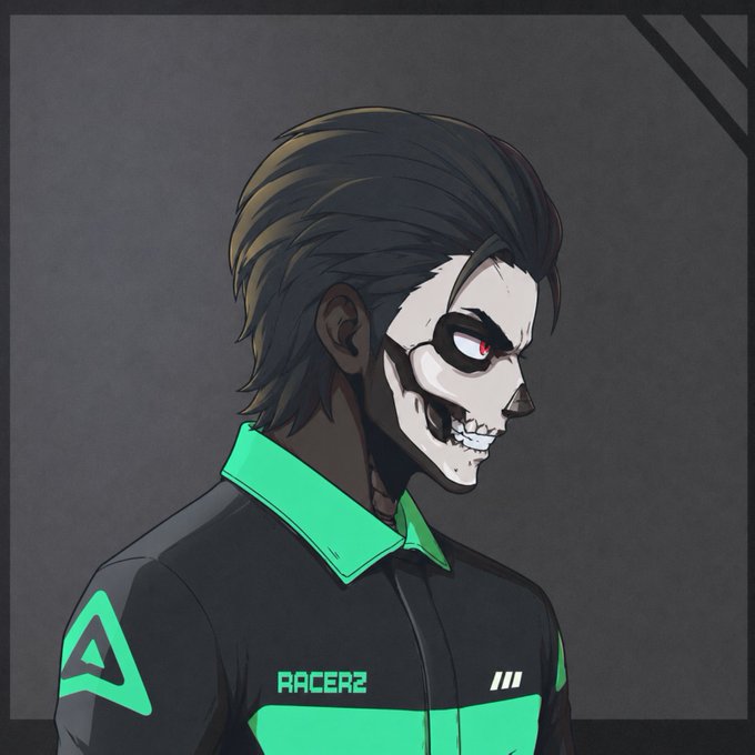 The image features a man with spiky hair wearing a black shirt, standing against a dark background. The caption of the image reads "BREAKING: All @Racerz_eth holders get FCFS spots for @TheProjectR3D upcoming mint." This implies that the image is related to an upcoming release or event in the racing game world.