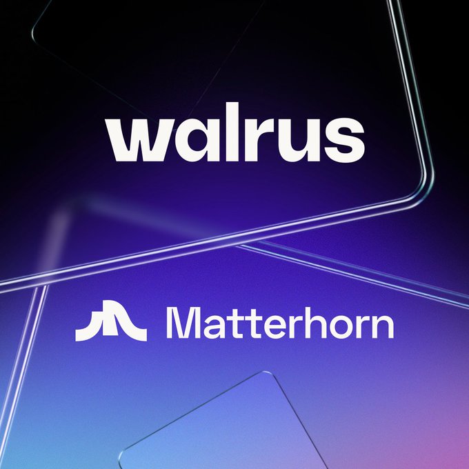 A promotional graphic featuring the "walrus" and "Matterhorn" brand names in white text against a sleek gradient background of deep blue and purple with geometric glass-like frames, visually representing the partnership announcement about integrating persistent memory into AI-assisted blockchain workflows.