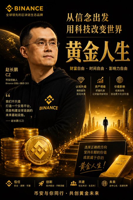 The image features a poster for Binance, which has an Asian theme with gold and black colors. The poster includes a man wearing glasses standing next to stacks of gold coins, symbolizing wealth or prosperity. The poster also contains Chinese characters that translate to "Flap" in English, indicating the company's name or slogan. Additionally, there is a post on social media with the caption "Four有 #币安人生 Flap有 #黄金人生 每一个人生都代表不同的人生向往 和价值观念 在Flap生态Build 持有 #黄金人生". The poster and post together convey the message of Binance's success, wealth, and global reach.