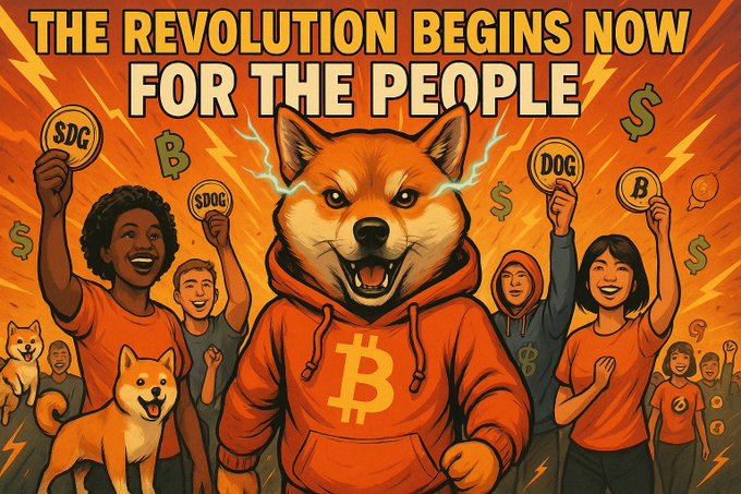 A vibrant illustration features an anthropomorphic Shiba Inu wearing an orange Bitcoin hoodie, surrounded by a cheering crowd of people holding up coins labeled "$DOG," "$SDG," and Bitcoin symbols, with bold text reading "THE REVOLUTION BEGINS NOW FOR THE PEOPLE." The fiery, rallying imagery of a Dogecoin mascot leading enthusiastic supporters aligns with the post's theme of $DOG as a catalyst that disrupts traditional exchange listings rather than depending on them.