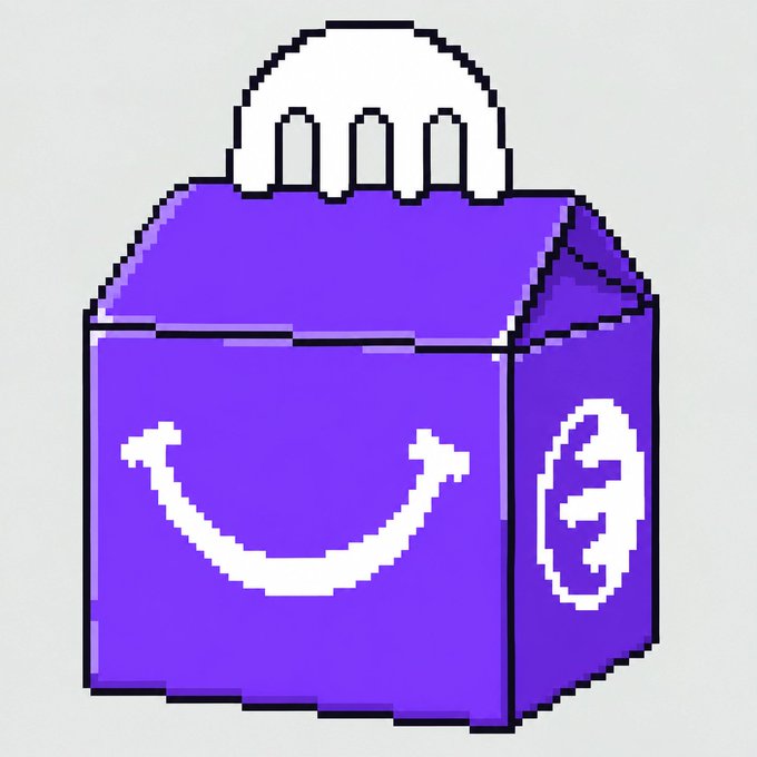 A pixel art illustration of a purple carton featuring a smiley face and a dollar sign symbol.