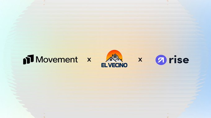 Collaborative graphic showing logos for Movement, El Vecino, and Rise separated by 'x' symbols on a soft pastel background.