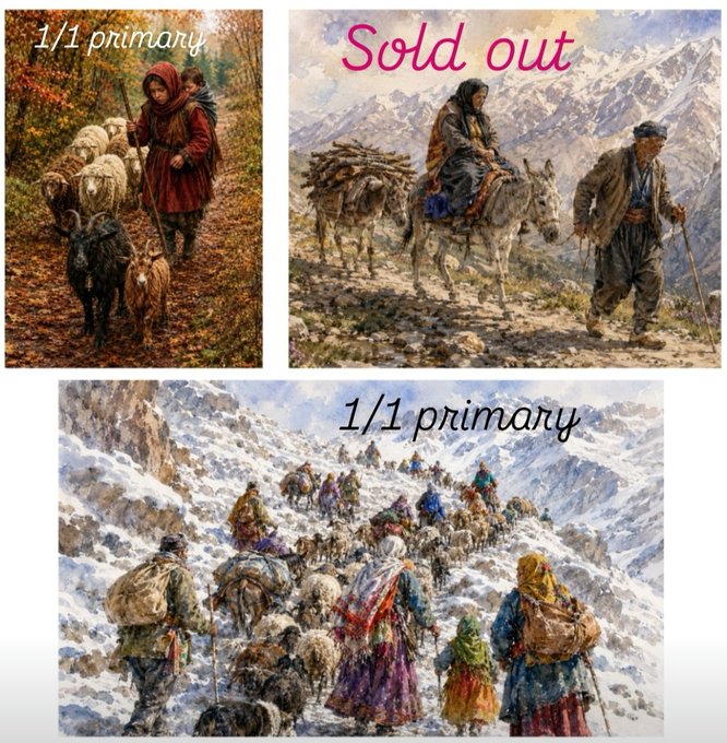 Three paintings depict rural mountain life, with text reading '1/1 primary' on two and 'Sold out' in pink on the top right piece.