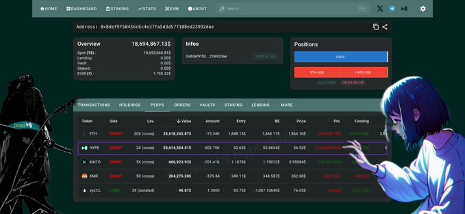 A crypto trading dashboard showing an overview of 18,694,867.13$, holdings, positions in USDC, ETHUSD, and HYPEUSD, with anime characters on the sides.