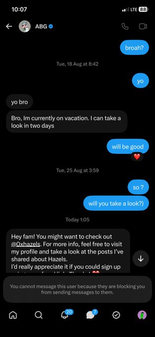 A screenshot of an Instagram DM conversation with user ABG showing messages about someone on vacation, followed by a promotional post for "@0xhazels" and a notification stating "You cannot message this user because they are blocking you from sending messages to them."