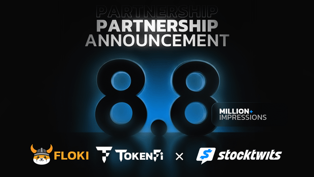 The image features a promotional poster for a partnership between Floki, a cryptocurrency exchange, and Stocktwits, an online marketplace. The poster displays the numbers "8" and "8.8" prominently, indicating that there are 8 months of marketing efforts planned for this collaboration. The text on the poster states that "Floki and TokenFi are partnering with Stocktwits for a two-month marketing campaign targeting 8.8 million impressions". This suggests that both Floki and Stocktwits will be working together to reach a large audience through their joint marketing campaign, aiming to generate significant exposure and engagement for their respective platforms.