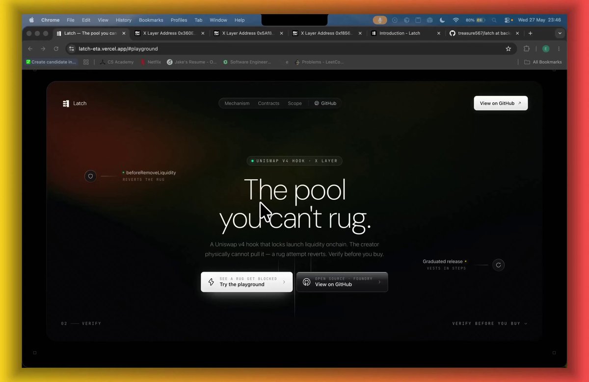 The image shows a computer screen displaying a website called "The pool you can't rug." The background of the image has a gradient color, with red at the top and yellow at the bottom. The text on the screen reads "The pool you can't rug," which is related to the post about Uniswap v4 hook. The post suggests that users should not rely on the app's ability to pull liquidity from pools, as it might cause a rug to revert.
