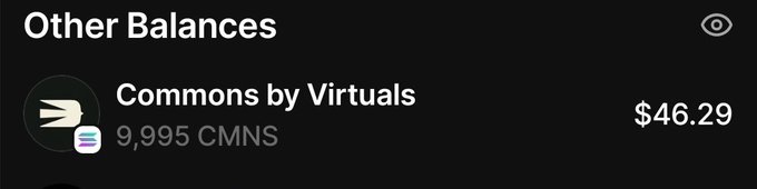 A dark-themed digital interface showing 'Other Balances' with an entry for 'Commons by Virtuals' showing a balance of '$46.29' and '9,995 CMNS'.
