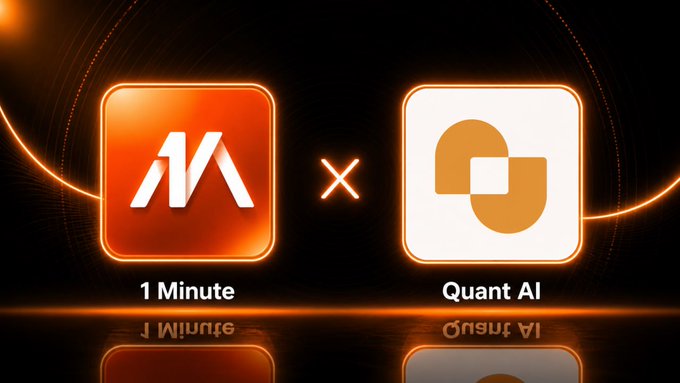 A promotional graphic shows the logo of '1 Minute' with an 'x' between it and the 'Quant AI' logo on a dark background with orange neon accents.