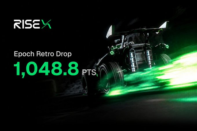 A promotional image for 'RISEX' showing an 'Epoch Retro Drop' of 1,048.8 PTS, featuring a futuristic racing vehicle with green neon accents against a dark background.