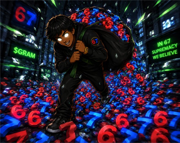 An anime-style illustration of a character with glowing white eyes carrying a sack overflowing with red 6s and blue 7s, with text reading 'IN 67 SUPREMACY WE BELIEVE' and '$GRAM'.