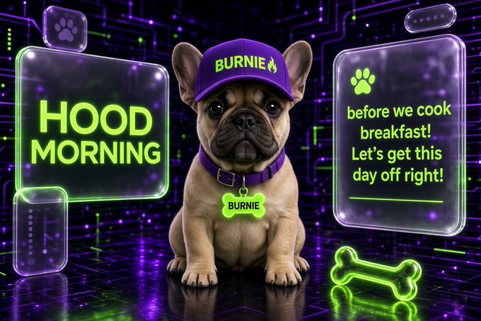A French bulldog wearing a purple cap with 'BURNIE' and a tag sits between digital interface panels reading 'HOOD MORING' and 'before we cook breakfast! Let's get this day off right!'.