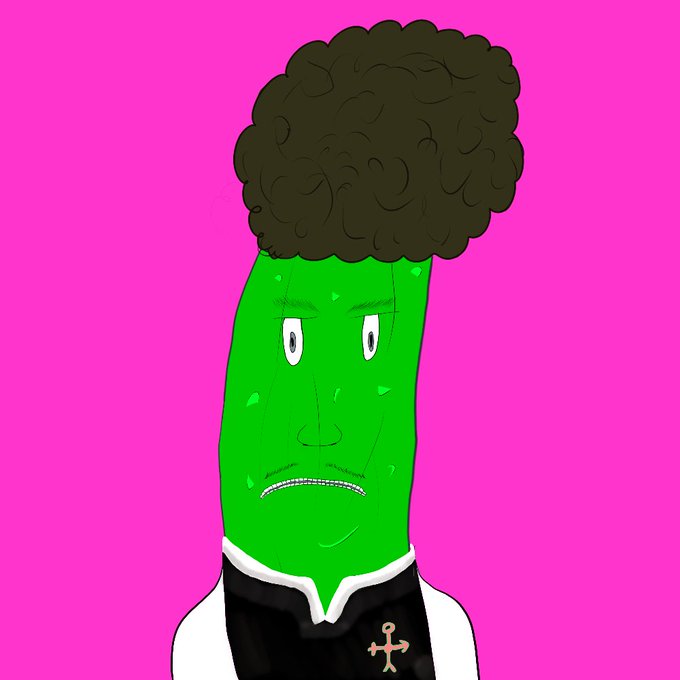 A cartoon drawing of a green-faced character with a large brown afro, sharp teeth, and a white shirt with a black vest against a bright pink background.