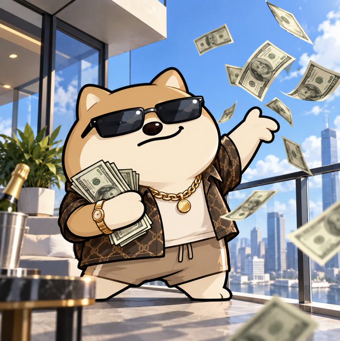 An illustration of an anthropomorphic Shiba Inu dog wearing sunglasses, a gold chain, and a designer-patterned jacket, holding and throwing cash in a luxurious high-rise setting.