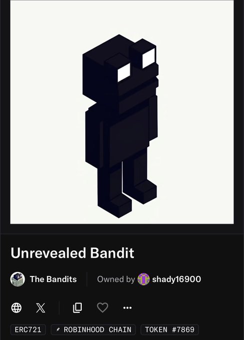 An NFT listing on a Robinhood Chain marketplace for an 'Unrevealed Bandit' pixelated character from 'The Bandits' collection, owned by shady16900, token #7869, ERC721.